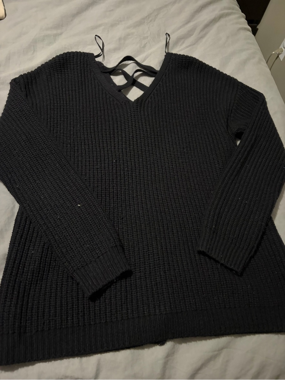 George Black V-Neck Waffle Knit Sweater with Crisscross Back Straps